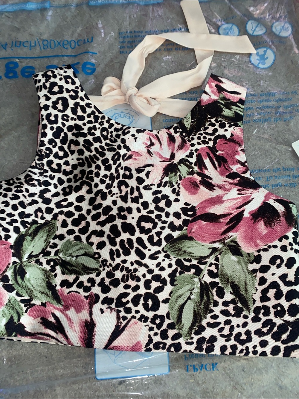 Sequin Hearts Pink Floral & Black Leopard Halter Top